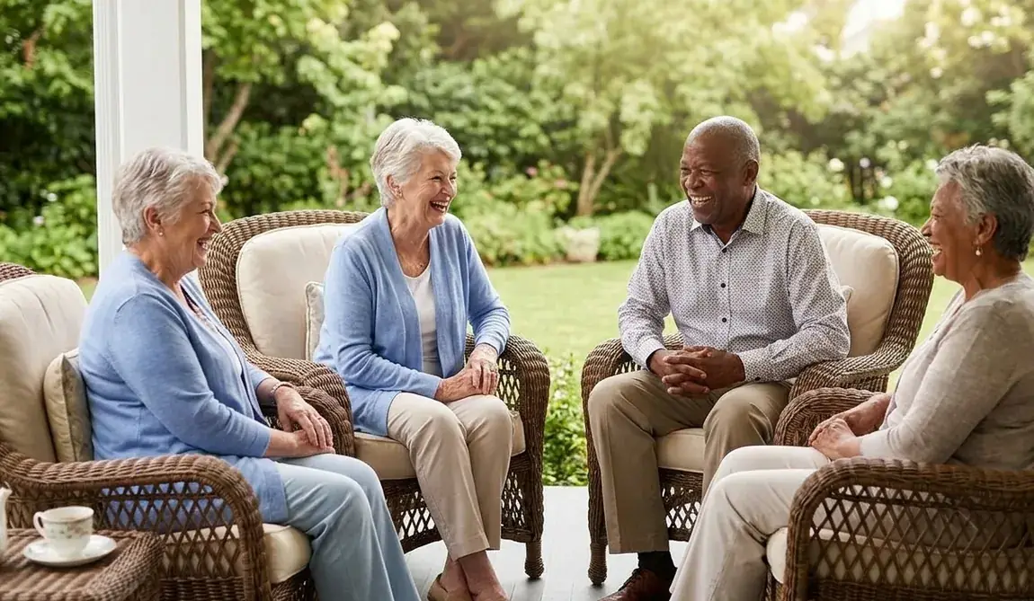 Four adults sitting together in wicker chairs on a covered porch, talking and laughing.